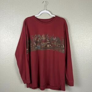 Sun River Men’s Size XL Maroon Deer Forest Graphic 100% Cotton Long Sleeved Tee